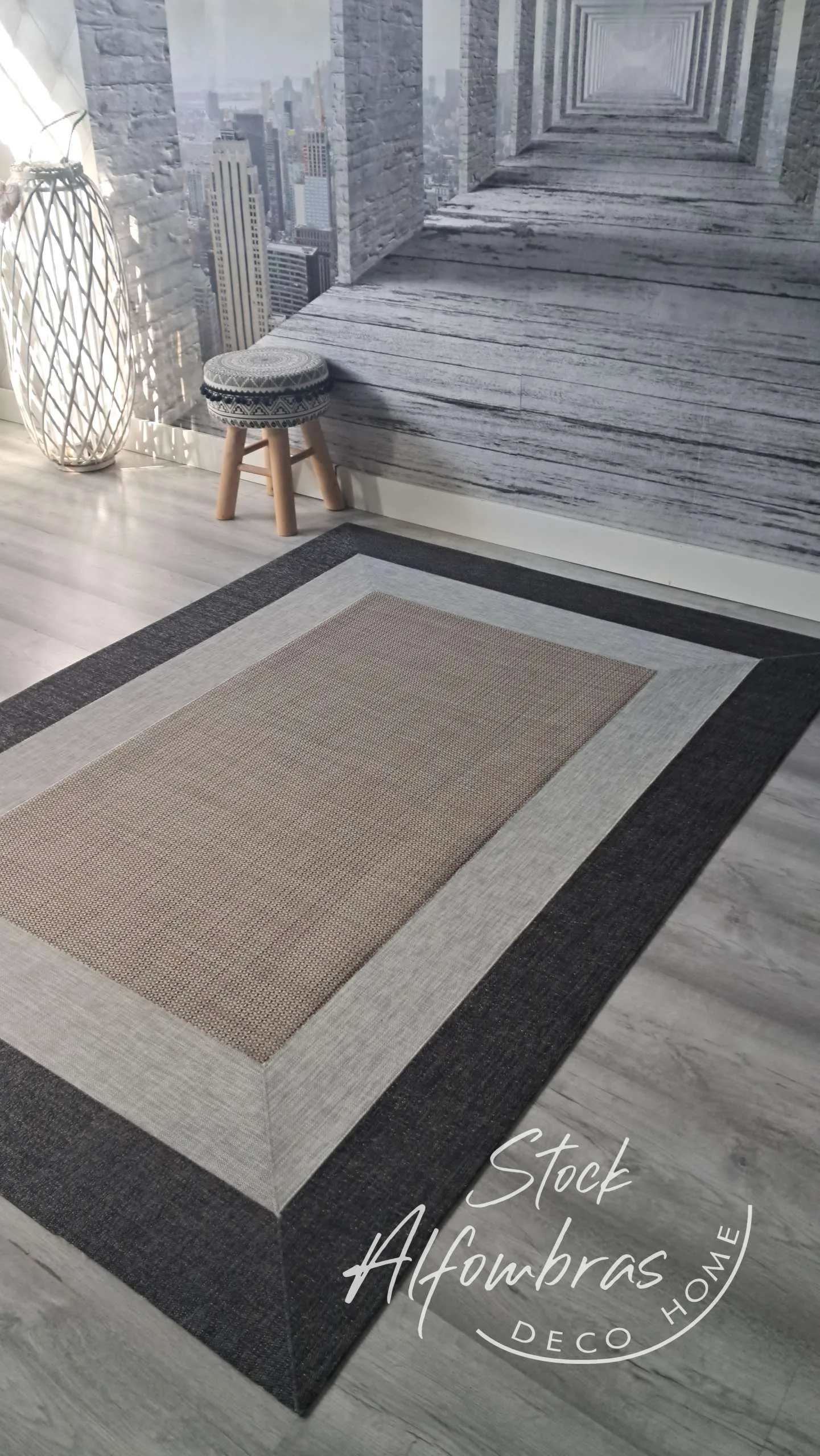 Vinilo Diseño V63 doble cenefa lino ,gris jaspeado y ébano