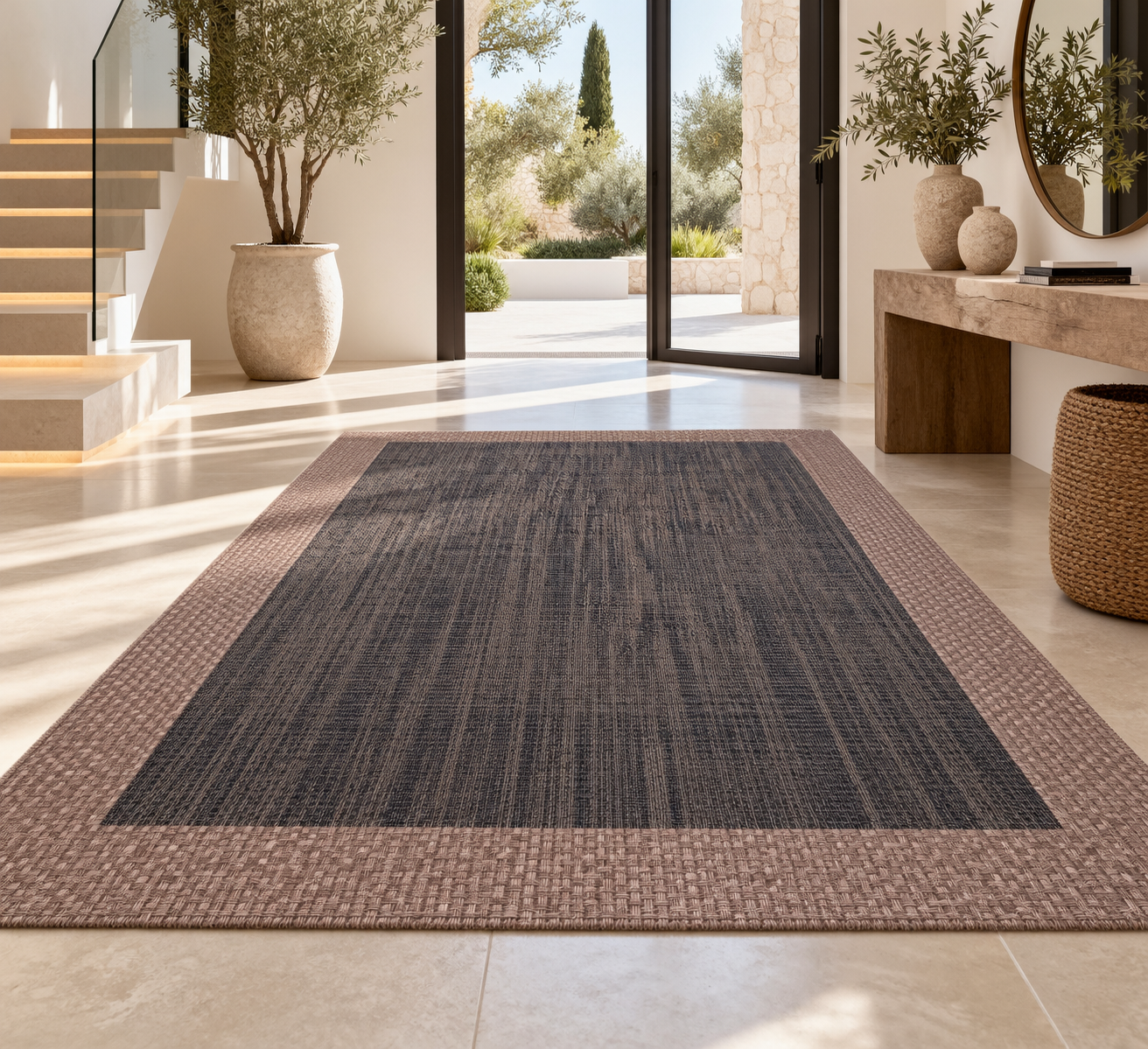 Alfombra vinílica 160 x 230 base ébano cenefa lino de 10 ctms